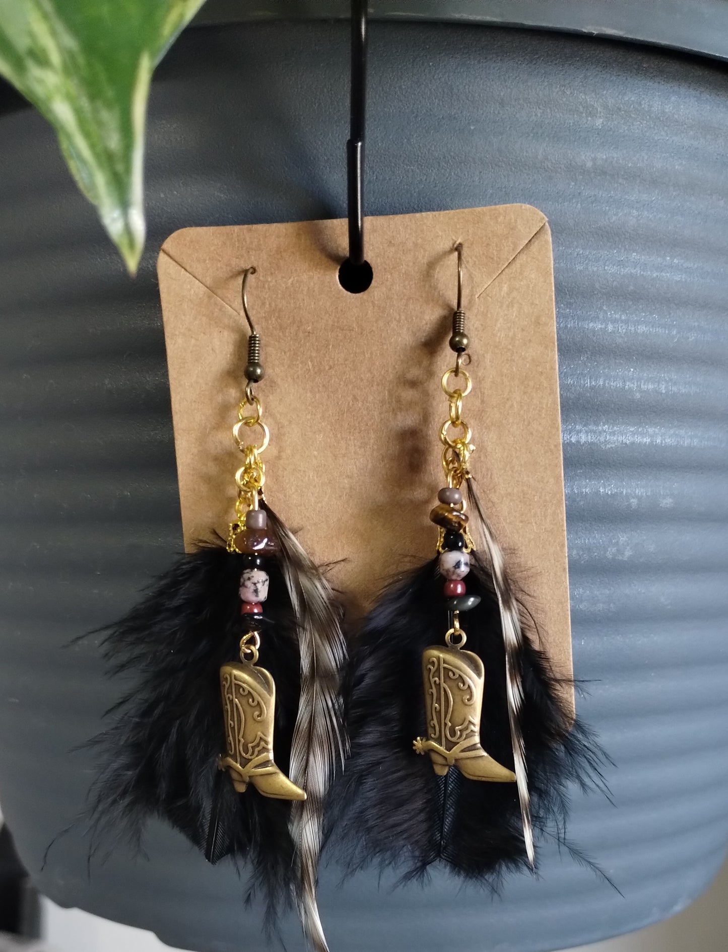 Western Boot and Feathers Black and Antique Gold Dangle Earrings
