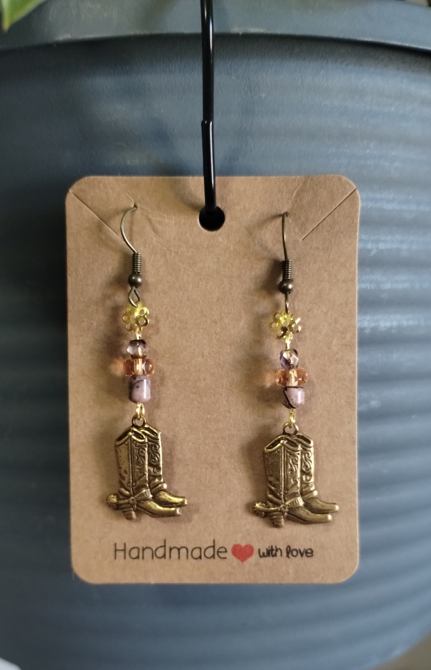 Western Boots Antique Gold and Brown Dangle Earrings
