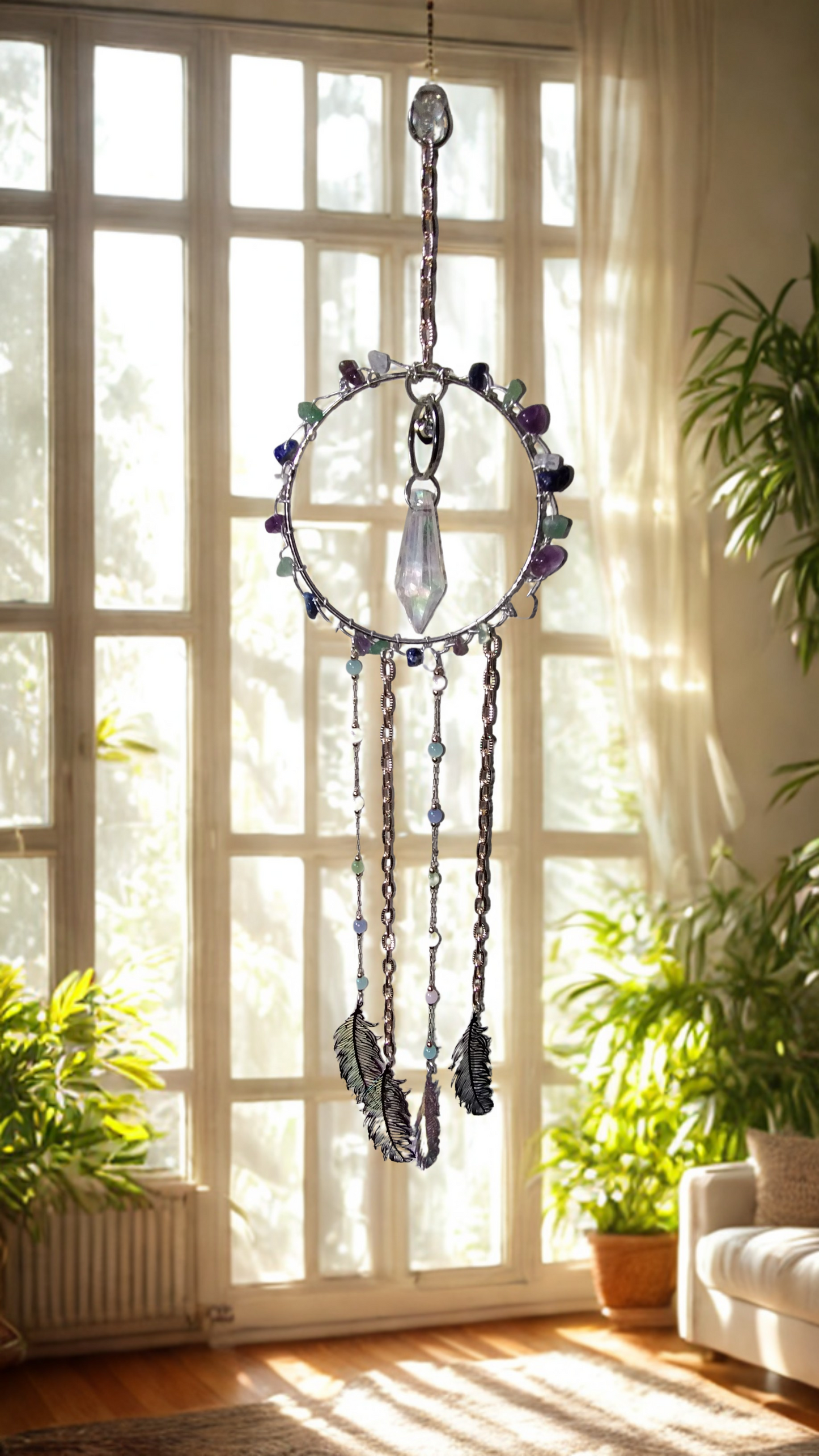 Crystal Feather Amethyst & Jade Suncatcher/Plant Bling