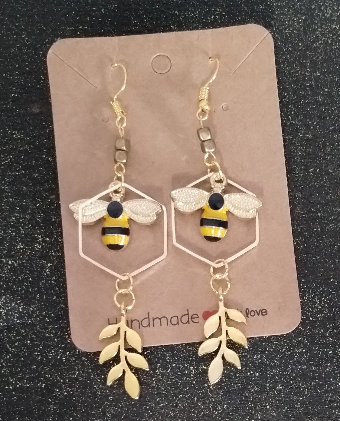 Bee & Vine Hexagon Gold Dangle Earrings