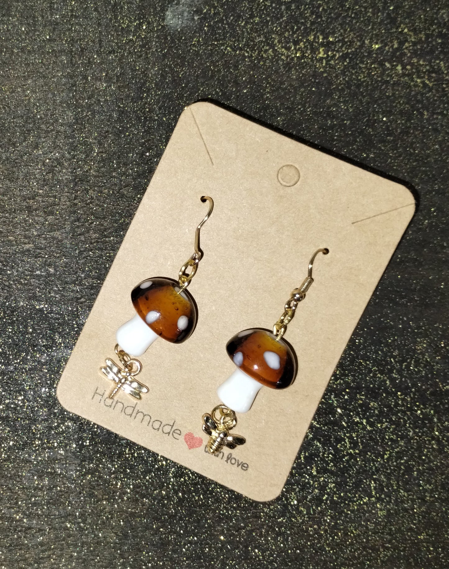 Brown Mushroom and Gold Bee Dangle Earrings