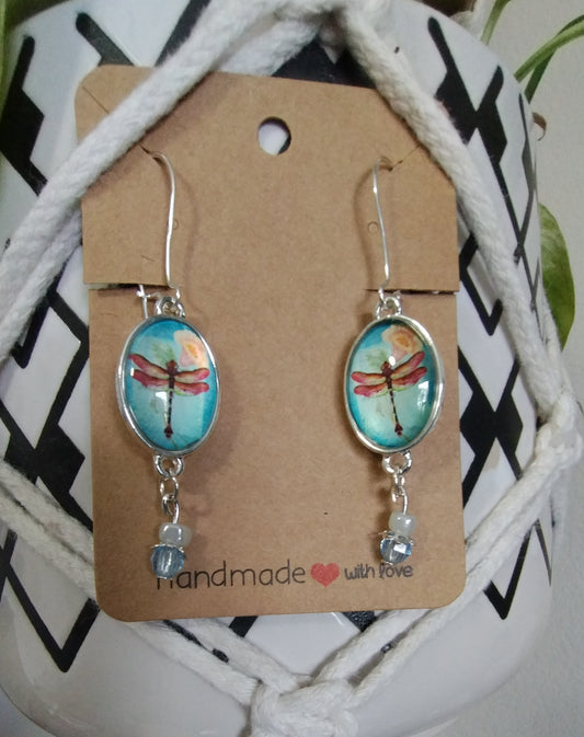 Dragonfly Resin Silver Locking Dangle Earrings