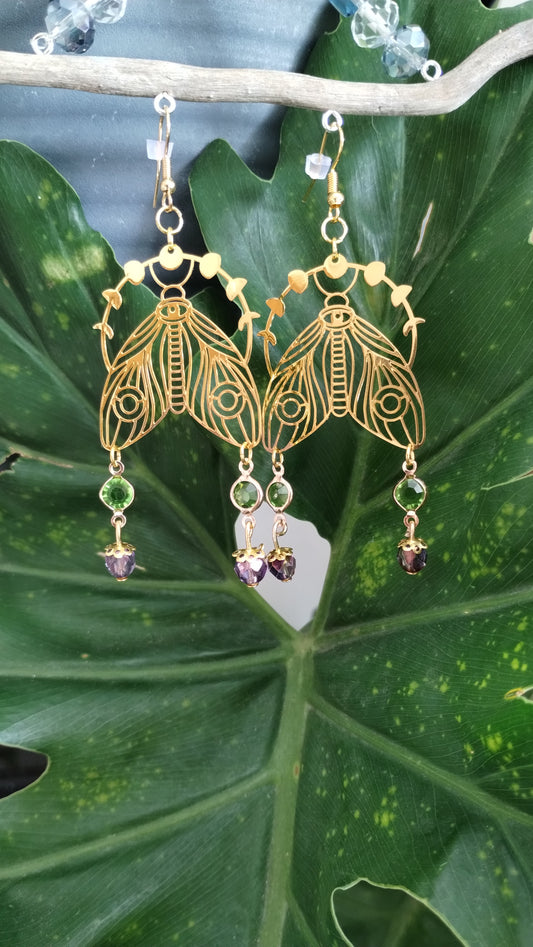 Moon Moth Gold Dangle Earrings