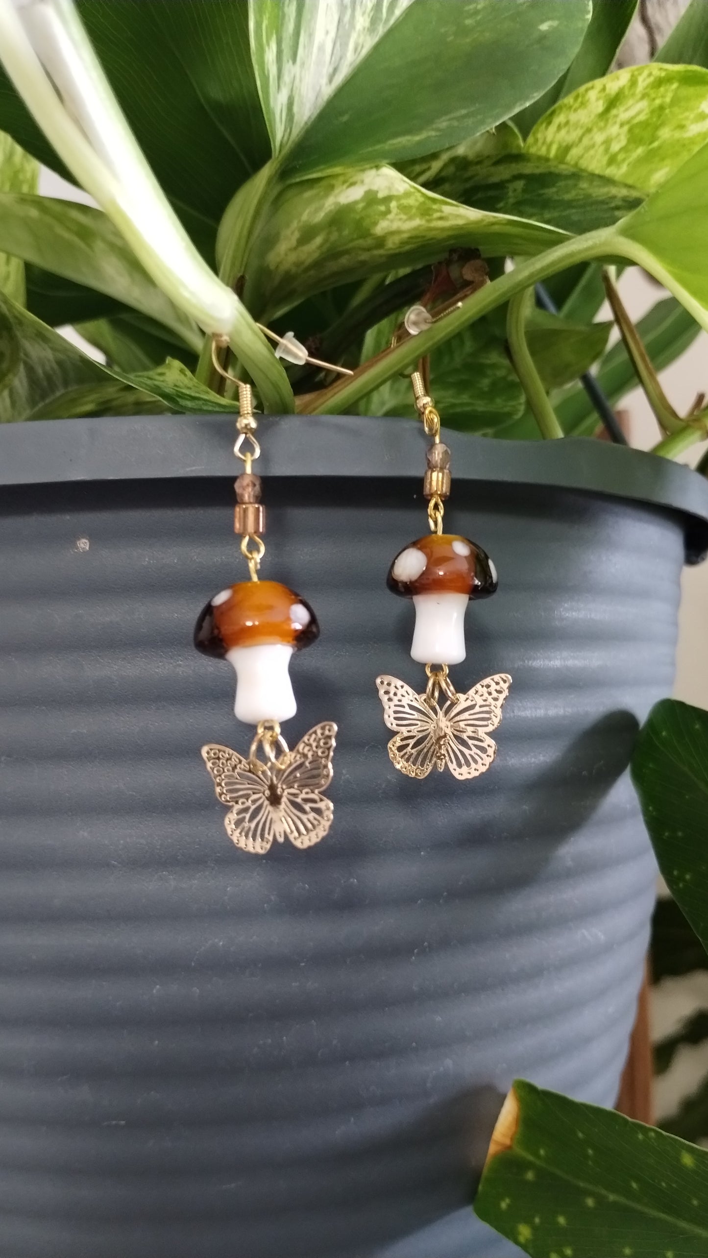 Brown Mushroom Butterfly Dangle Earrings