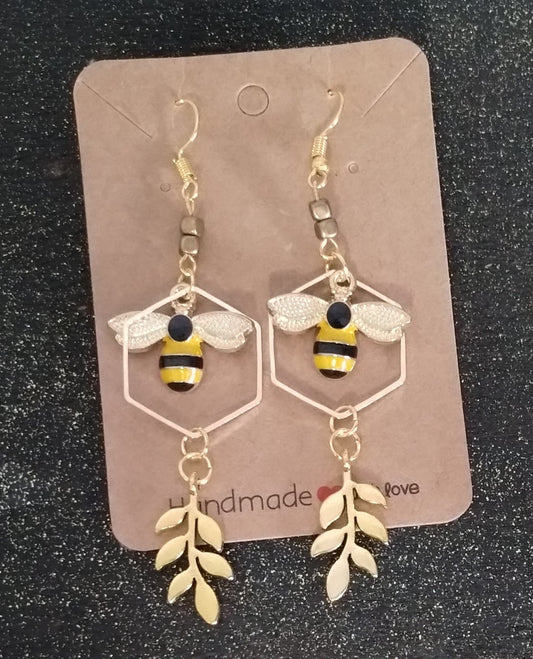 Bee & Vine Hexagon Gold Dangle Earrings