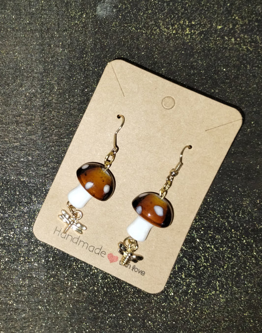 Brown Mushroom and Gold Bee Dangle Earrings