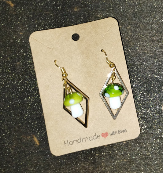 Green Mushroom Gold Diamond Dangle Earrings