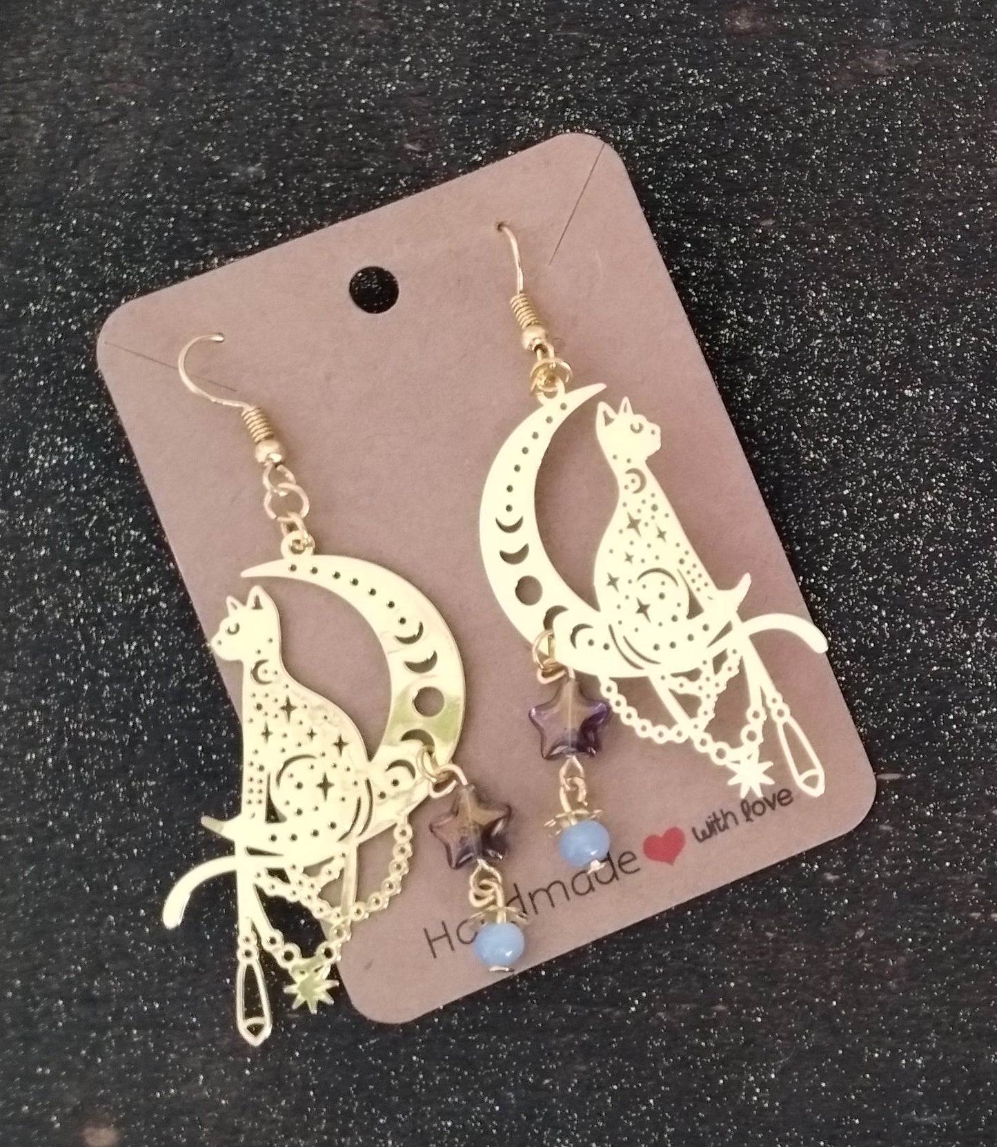 Moon Cat Gold with Star Dangle Earrings