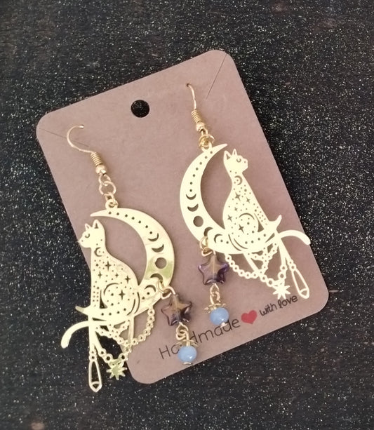 Moon Cat Gold with Star Dangle Earrings