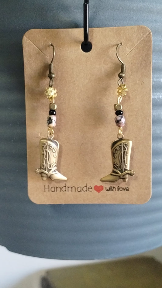 Western Boot Antique Gold and Black Earrings